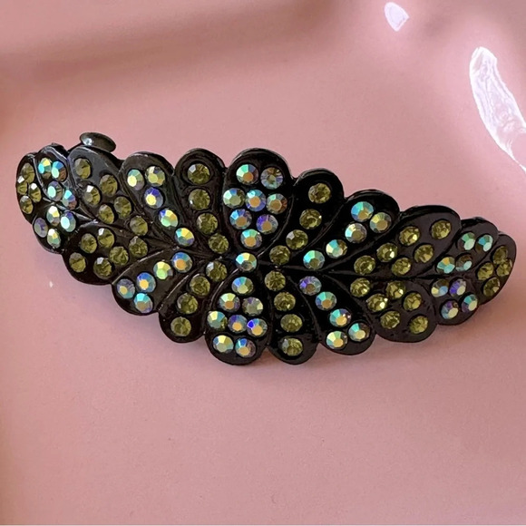 Accessories - Olive Green Aurora Borealis Crystals set in Black Hematite Hair Barrette